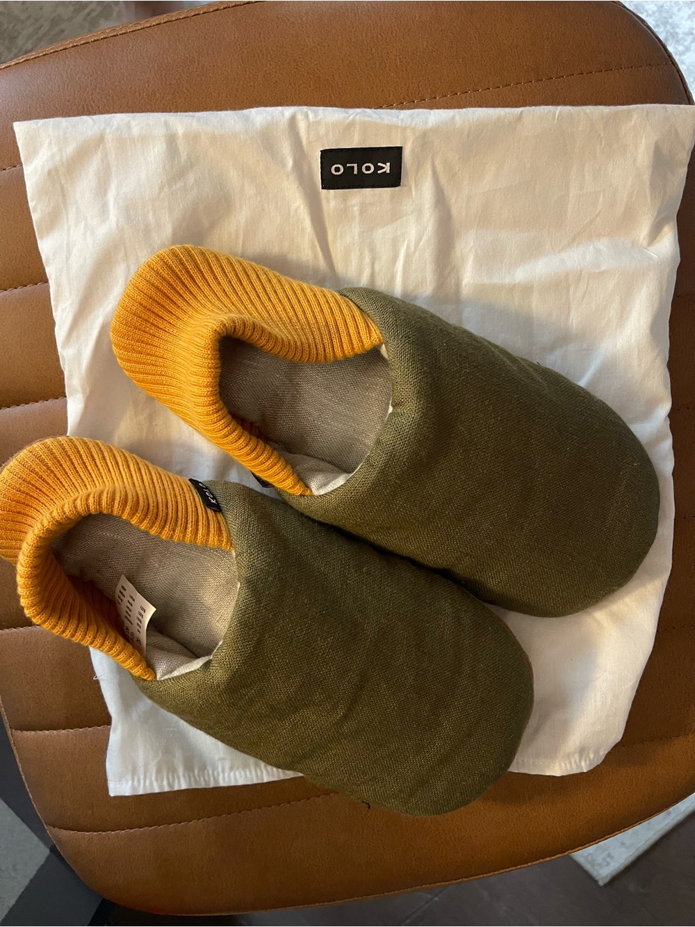 Japanese Olive Green Slip-On Slippers with Mustard Cuff NEVER WORN